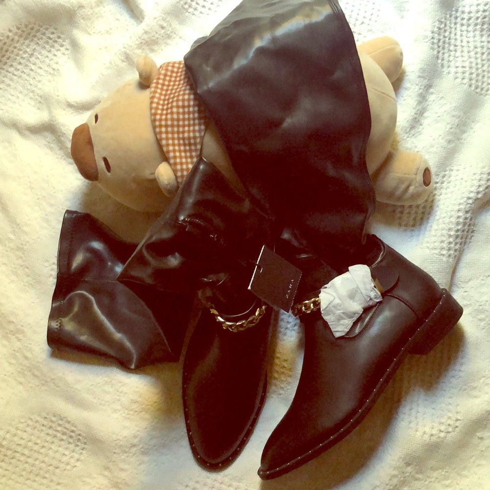Zara Trafaluc Black Leather Over-the-Knee Boots